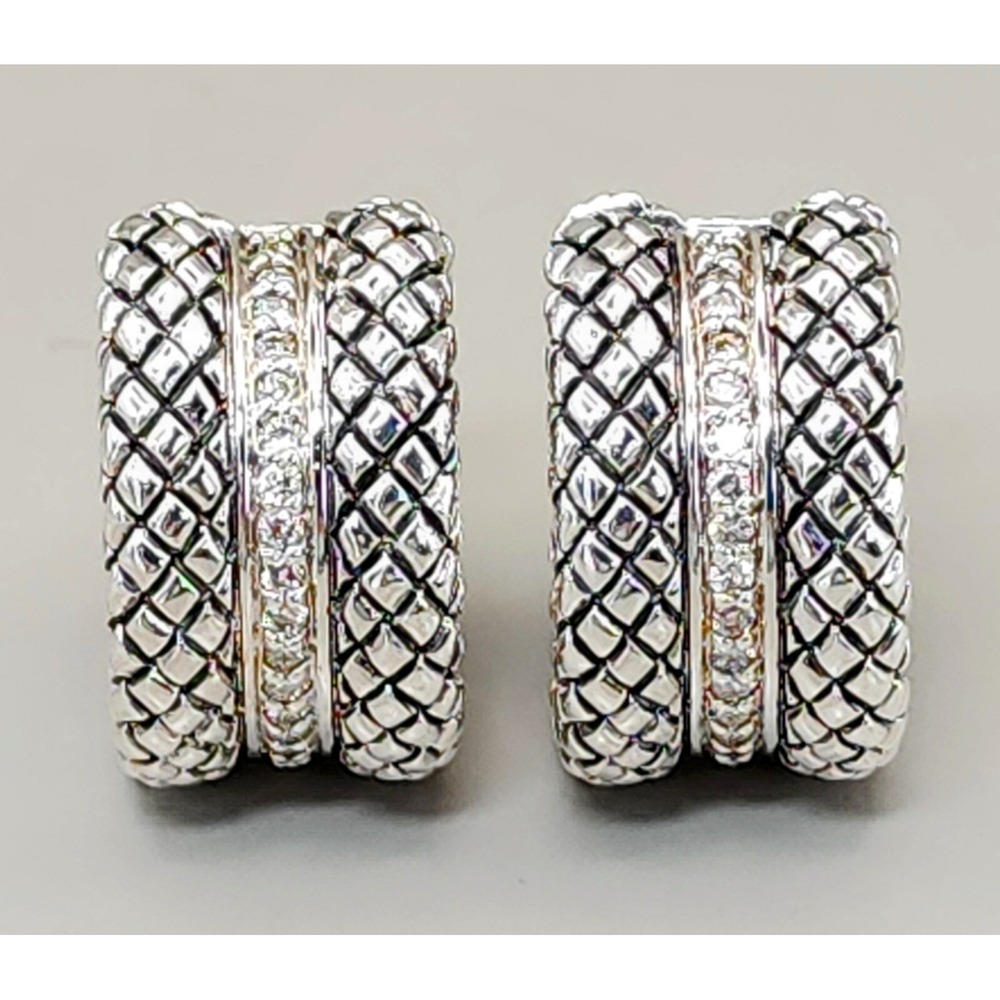 SK Scott Kay Sterling Silver Diamond Hoop Earrings Basket Weave 14mm Wide 23mm